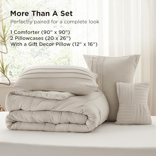 Bedsure Queen Comforter Set - 4 Pieces Pinch Pleat Bed Set, Beige Boho Bedding for All Season, 1 Soft Comforter, 2 Pillowcases, 1 Decorative Pillow - Image 7