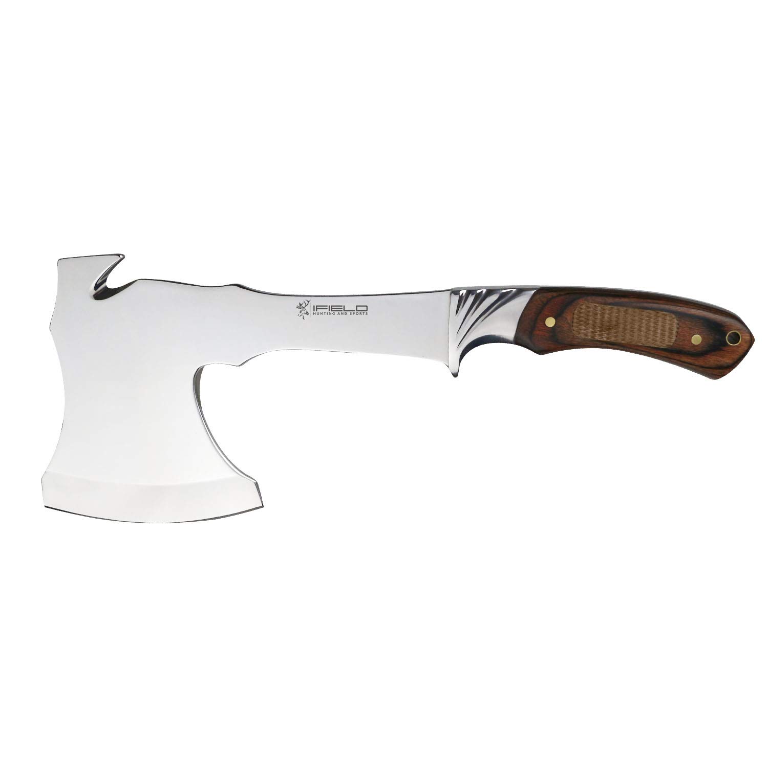 iFIELD Hacha Deportiva Camper EL29001, Hoja de Acero INOX de 9,5 cms, Total 29,5 cm, con Funda de Piel, Mango Stamina Decorada CNC, Herramienta de Camping para Pesca, Caza, Actividad Deportiva