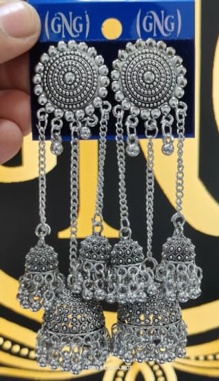 Image of Oxidised Silver Finish Triple Jhumka Earrings for Women | Traditional Ethnic Statement Earrings | Festive & Wedding Jewelry