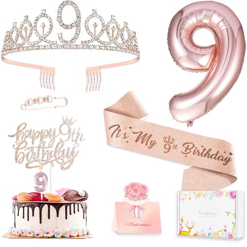 9th Birthday Decorations for Girls, Including 9 year old Birthday Cake Topper, Queen Sash with Pearl Pin, Sweet Rhinestone Tiara Crown, Number Candles and Balloons Set, Rose Gold