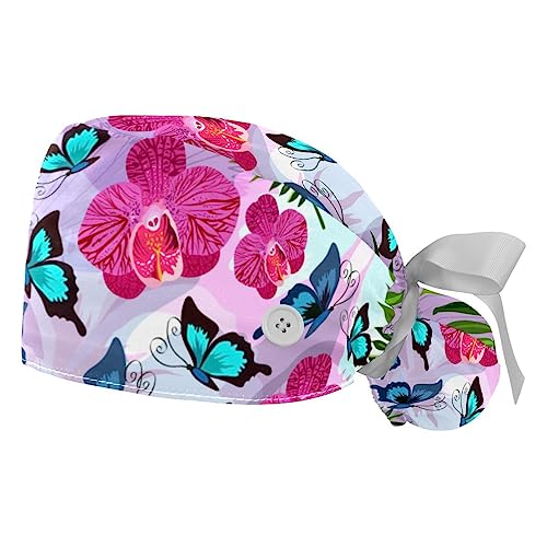 Berret bouffant VERED avec bandeau anti-transpiration et motifs papillon fleurs bleus