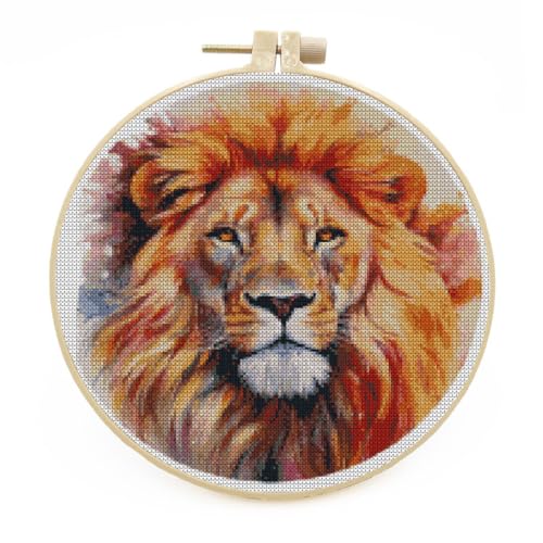 DIY Stamped Cross Stitch Kits with Hoop Animal Brown Lion Kits for Beginners Easy 11CT Needlepoint Embroidery Counted Cross Stitch Kits Art Craft Wall Decoration and Gift 33x33cm