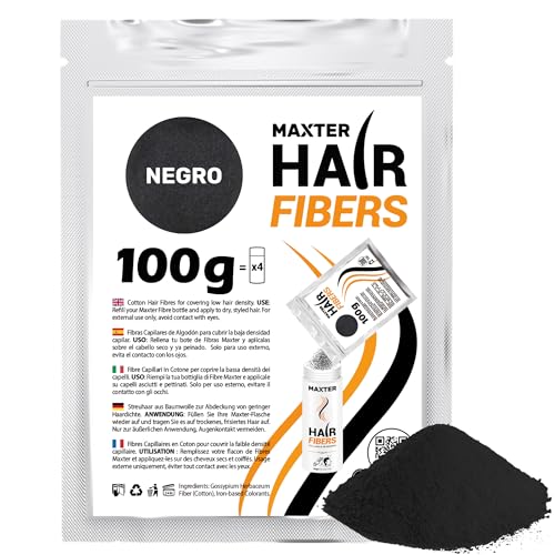 Maxter BOLSA RECARGA FIBRAS CAPILARES Negro 100g - Microfibras Capilares de Algodón en Polvo 100% Natural para Disimular Calvicie y Alopecia al Instante - Fibra Capilar Hombre y Mujer