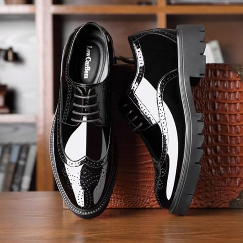 Mens Patent Leather Chunky Heels Dress Oxfords Shoes Round Toe Log Sole Platform Tuxedo Loafers Modern Wingtip Business Formal Church Wedding Derby Shoes4