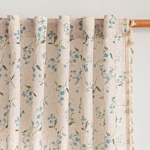Image of MYSKY HOME Blue Floral Semi Sheer Boho Linen Curtains 63 Inch Length 2 Panels for Living Room Bedroom Light Filtering Spring Vintage Farmhouse French Tassels Back Tab Drapes, 50 inch Wide, 2 Panels