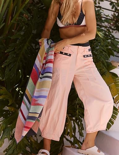 Tanming Womens Cropped Pants Casual Baggy Pleated Button Balloon Leg Color Block Mid Rise Trousers with Patch Pockets2