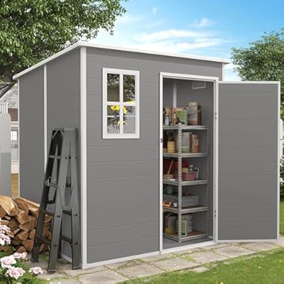 VONZOY 6x6 FT Outdoor Storage Shed, Resin Shed with Floor and Lockable Door, Window & Vents, Tool Sheds & Outdoor Storage for Bike, Tools, Garden Accessories, Waterproof Grey White