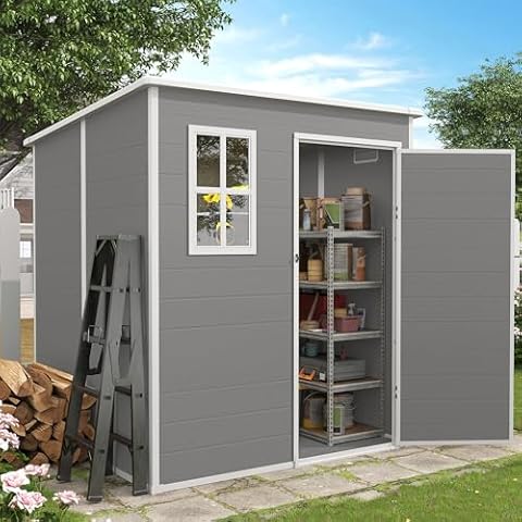 VONZOY Outdoor Storage Shed, 6x6 FT Resin Shed with Floor and Lockable Door, Window & Vents, Tool Sheds & Outdoor Storage for Bike, Garden Accessories, Tools, Waterproof (Grey) Cover