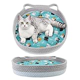 Lylyzoo Cotton Rope Cat Bed for Indoor Cats, Round Donut-Shape Scratch Pad Bed, Cool Sofa, Nest Basket Beds for Small Cats Kitties Pets in Hot Weather (Baby Blue & Grey)