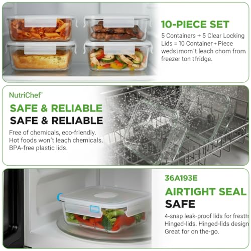Image of NutriChef 5-Piece 30 oz Reusable Glass Meal Prep Containers - Stackable Kitchen Storage Containers for Food, 4-Side Locking Plastic Lids w /Vent Hole - Easy to Clean, Dishwasher Safe (Flat)