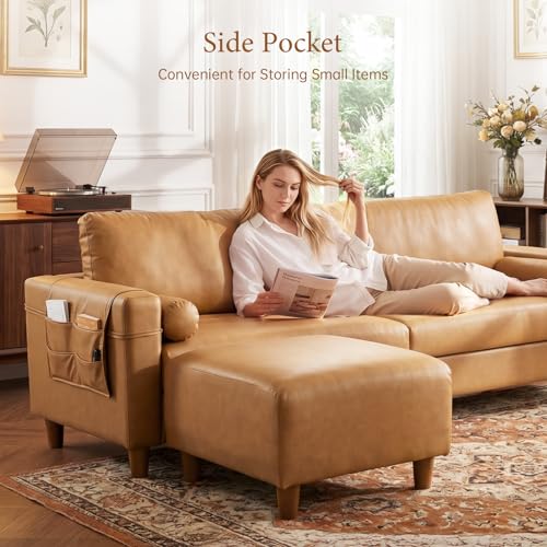 Image of Vesgantti 100 inch Faux Leather Sofa with Movable Ottoman, Large 3 Seater L Shaped PU Leather Couch with Side Pocket, Comfy Mid Century Modern Modular Sectional Sofa for Living Room, Apartment, Camel