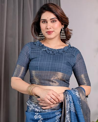 Image of ALMAARI FASHION Handloom Cotton Linen Saree for Women with Floral Printed Design and Tassel Pallu, Traditional Ethnic Lightweight Saree for Daily Office Festive with Blouse Piece