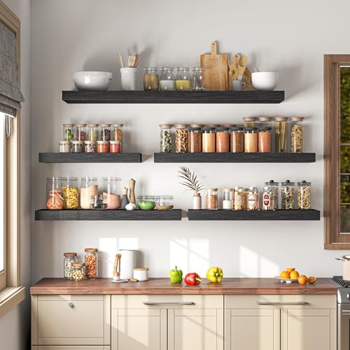 Image of Dreamland 16 inch Floating Shelves for Wall, 12 inch Deep Thicker Black Floating Shelves, Wall-Mounted Shelves for Bedroom, Living Room, Kitchen, Bathroom - Set of 3