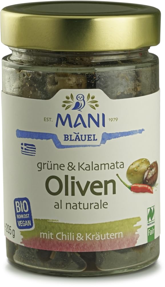 Grüne&Kalamata Oliven al naturale, Chili&Kräuter 6 x 205 g