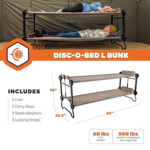 Disc-O-Bed Large Portable Bunk Camping Cots with Carry Bags - Heavy-Duty Indoor or Outdoor Sleeping System, Converts to Bench or Separate Beds, 500 lb Weight Capacity Per Cot