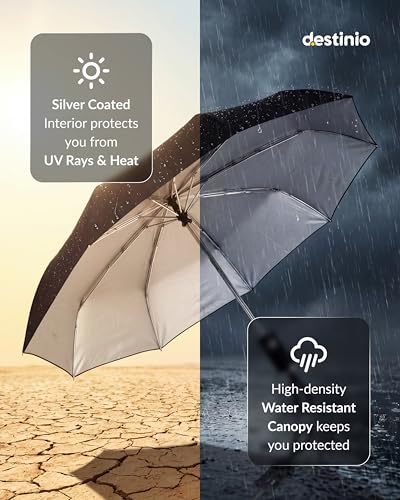Image of Destinio Umbrella for Man - Large Size, Fully Automatic, Windproof Fibreglass Ribs, UPF 50+ Sun Protection, Premium 210T Pongee, Foldable Travel Umbrella for Rain for Men and Women - 3 fold Compact Easy to Carry (Auto open auto close)
