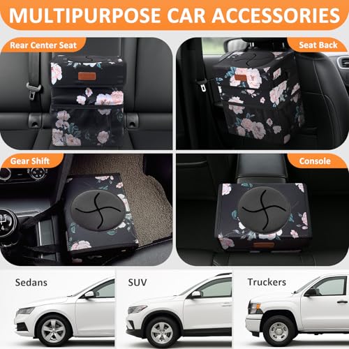 Image of Vankor 3 Gallons Car Trash Can with Lid, Car Bag Bin Hanging Waterproof Automotive Garbage Cans Leak Proof Vehicle Trash Can Black Floral