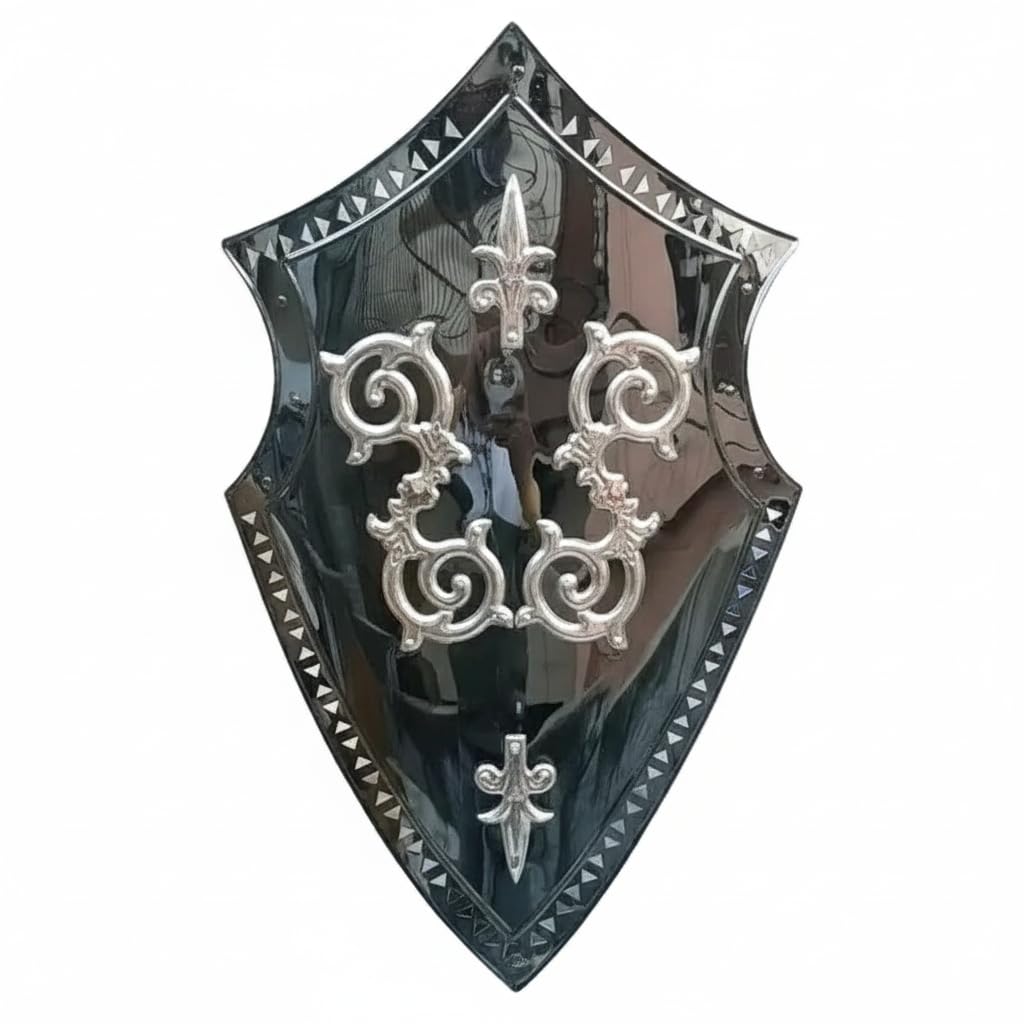Medieval Knight Shield, Grey Metal with Silver Ornate Design, Decorative Wall Display By VIRTUOUS ANTIGUO ATELIER