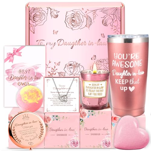 SHUNNIUB Daughter in Law Gifts - 8 Piece Gift Set with Tumbler, Candle, Soap, Bracelet & Greeting Card - Heartfelt Christmas, Birthday & Special Occasion Gifts for Daughter in Law from Mother in Law