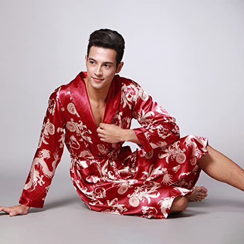 Pjfcs Men's Satin Robe Ice Silk Long Sleeve Kimono Bathrobe Lightweight Soft Sleepwear Pajamas,Red,3Xl #TOP3