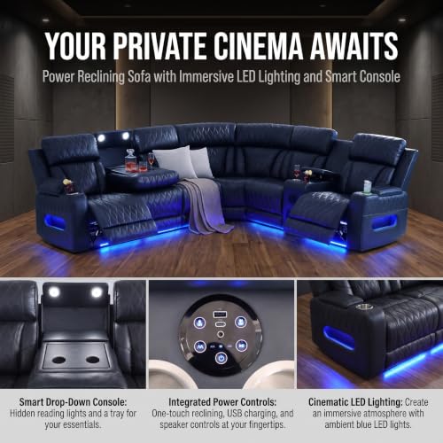 Image of Breathable Leather Power Recliner Sectional Sofa, Bass Speakers, Cup Holder & Storage Console for Living Room Home Theater