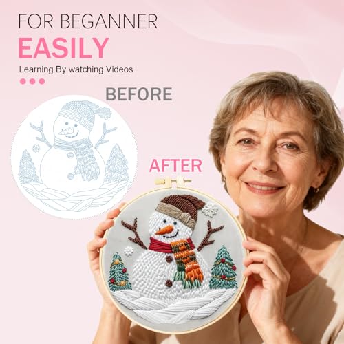 Image of Huacan Embroidery Kit for Beginners Adults, Easy Needlepoint Kits for Adults with Stamped Embroidery Patterns. (Snowman)