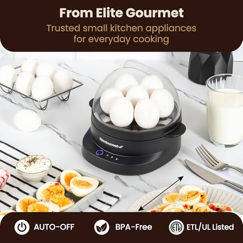 Image of Elite Gourmet 7-Egg Electric Egg Cooker with Voice Alerts - Soft, Medium & Hard-Boiled Eggs Made Perfectly - Fast, No-Monitoring Breakfast Cooker, Auto Shut-Off