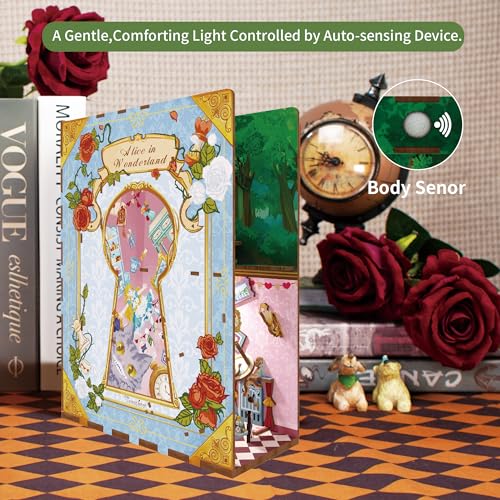Image of Tonecheer DIY Book Nook Kit for Adults,3D Wooden Puzzle Bookend Bookshelf Insert Library Decor, Booknook Miniature House Kit with Body Motion Sensor LED Light (Alice in Wonderland)