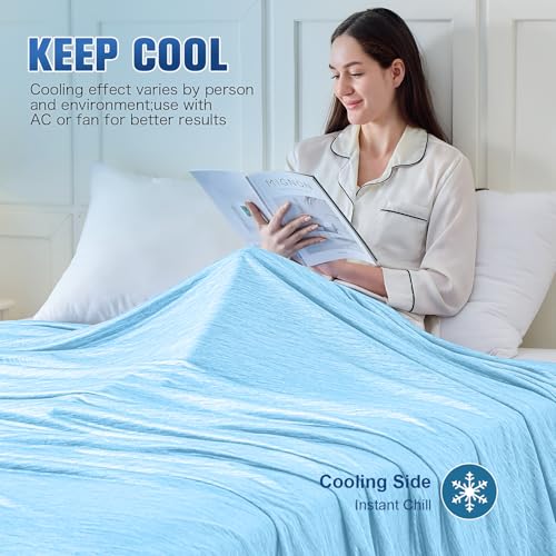 Image of KMUSET Cooling Blanket Throw (50 inchx60 inch), Double Sided Summer Cooling Blankets for Hot Sleepers & Night Sweats, Cool Soft Lightweight Blanket for Beach, Sofa Bed Couch, Gifts for Women Men Powder Blue