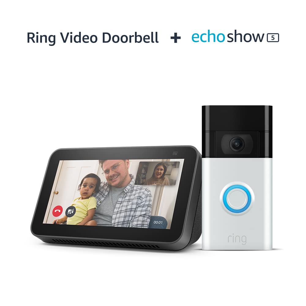 Ring Video Doorbell by Amazon, Satin Nickel, Works with Alexa + Echo Show 5 | 2nd generation (2021 release), Charcoal - Smart Home Starter Kit