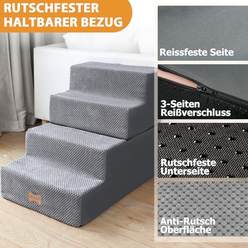 Nepfaivy Hundetreppe für Kleine Hunde 4-Stufig, Hundetreppe Hunderampe für Bett und Sofa aus Hochdichtem Schwamm, Haustiertreppe mit Abnehmbarem, Waschbarem Bezug und Rutschfestem Boden, 61x40x45cm