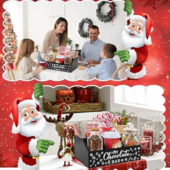 Christmas Hot Cocoa Bar Wood Coffee Station Organizer with 4 Compartment Double Layer Coffee Bar Holder Xmas Basket Organizer Bin for Home Kitchen Farmhouse Office Xmas Holiday Gift Party Supplies