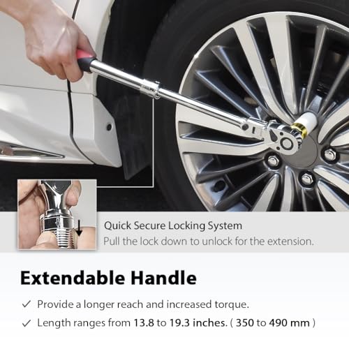 Image of FIRSTINFO 1 /2 Drive Locking Flex-Head Extendable Ratchet, 72-Tooth | Quick-release • Reversible lever • One-touch lock • 180-degree flexible head • Soft grip • 13.8 inch-19.3 inch length • Taiwan Made