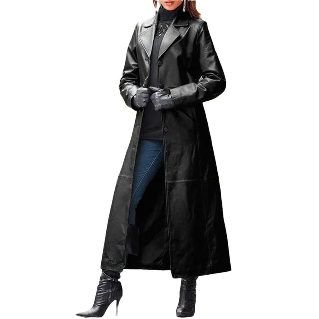 Suwequest Abrigo de cuero sin cinturón con solapa para mujer, abrigo largo, gabardina de cuero delgado, chaqueta de color sólido con solapa de moda