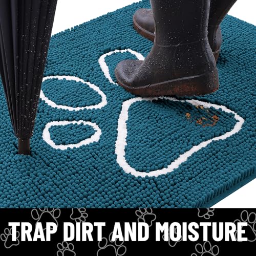 Image of Smiry Dog Door Mat for Muddy Paws, Absorbent Dirt Trapper Non Slip Quick Dry Washable Chenille Mat for Mud Dogs, Entry Rug for Indoor and Outdoor (24x16 Inches, Atlantic Blue and White)