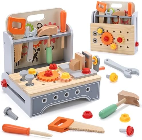 CUTE STONE Wooden Kids Tool Bench, 2-in-1 Toddler Toolbox & Take-Along Tool Kit, Montessori STEM Learning Toy Workbench, Educational Construction Pretend Play Gift for Boys & Girls Ages 3+