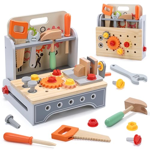 CUTE STONE Bois Boite a Outils Enfant, Boîte à Outils 2-en-1 et Mallette de Bricolage Portable,...