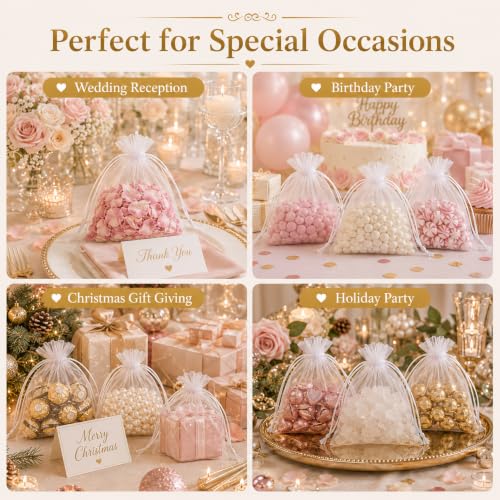 Image of Sukh 100pcs Organza Bags 5''x7'' - White Sheer Mesh Drawstring Bags for Jewelry, Soap, Fruits, Candy, Small Gift Bags for Weddings, Valentine's Day, Father's Day, Halloween, Thanksgiving, Christmas