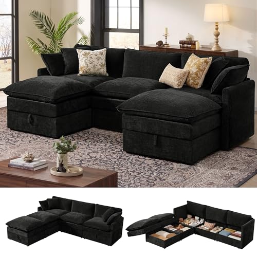 Image of Ihanherry 103 inch Modular Sectional Sofa with Storage, U Shaped Cloud Couch with Movable Ottomans & 4 Pillows, Chenille Deep Seat Sectional Couches for Living Room, Apartment (Black)