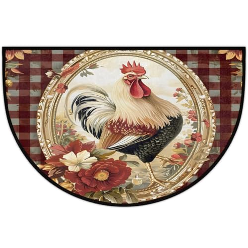Image of Half Round Door Mat Vintage Plaid Rooster Chicken Non-Slip Semi Circle Area Rug Washable Half Moon Hearth Rugs for Indoor Outdoor Bathroom Kitchen Patio Runner Mat Laundry Room Home Decoration