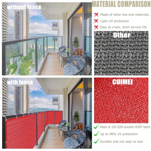 Cache balcon brise vue 73 x 400 cm résistant lavable rouge - 4