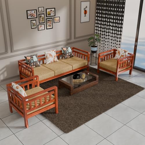 Image of Solid Sheesham Wood 5 Seater Sofa Set Without Centre Table for Living Room | Wooden 3+1+1 Five Seater Sofa Set with 5 Cushions | Modern Sofa Set for Home, Office & Lounge| Cream, Honey Finish