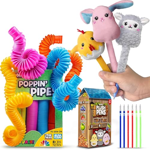 Image of BUNMO Stretch & Write 3 Pack Cute Gel Pens w /Soft Grip & 6 Refills - Pop Tubes Sensory Toys 4 Pack Large - Non-Mouthable Toy 3+ - Gift for Teens