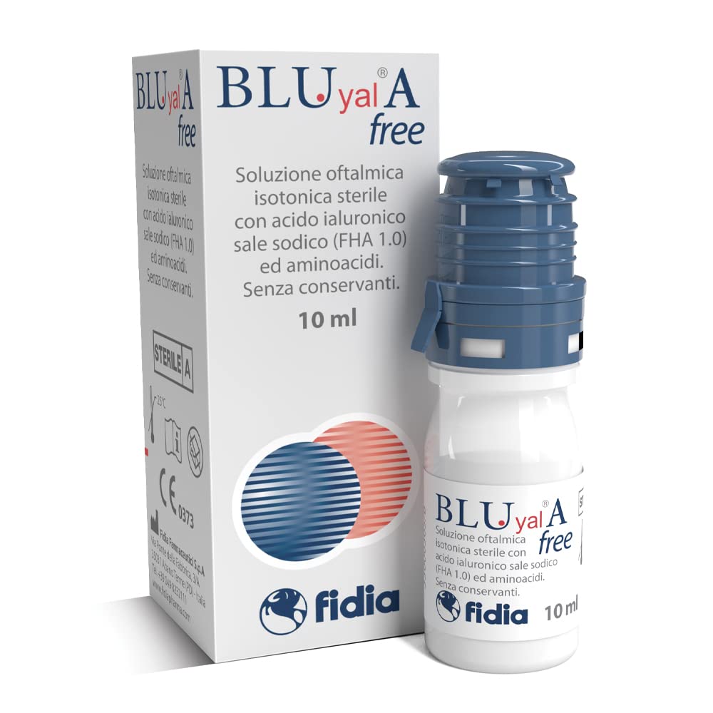 Fidia Farmaceutici Blu Yal A Free Collirio | Soluzione Oftalmica Isotonica Sterile con Acido Ialuronico Sale Sodico e Aminoacidi | Flacone da 10 ml con Contagocce OSD| Idrata e Lubrifica l’Occhio