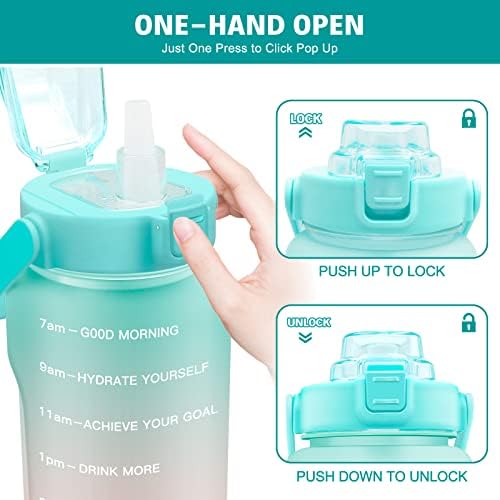WOODFIB 2.2 Litre Water Bottle with Straw, Motivational Water Bottle with Time Marker & Leakproof Flip Top Lid, Tritan Sports Drinking Bottle BPA Free for School, Gym, Camping, Running (Green Pink)