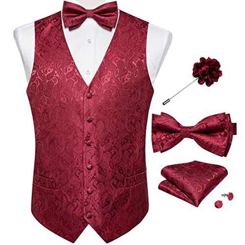 Image of DiBanGu Mens Paisley Suit Waistcoat,Silk Dress Vest and Bowtie Pocket Square Cufflinks with Lapel Pin Set for Wedding Tuxedo, Red, Medium