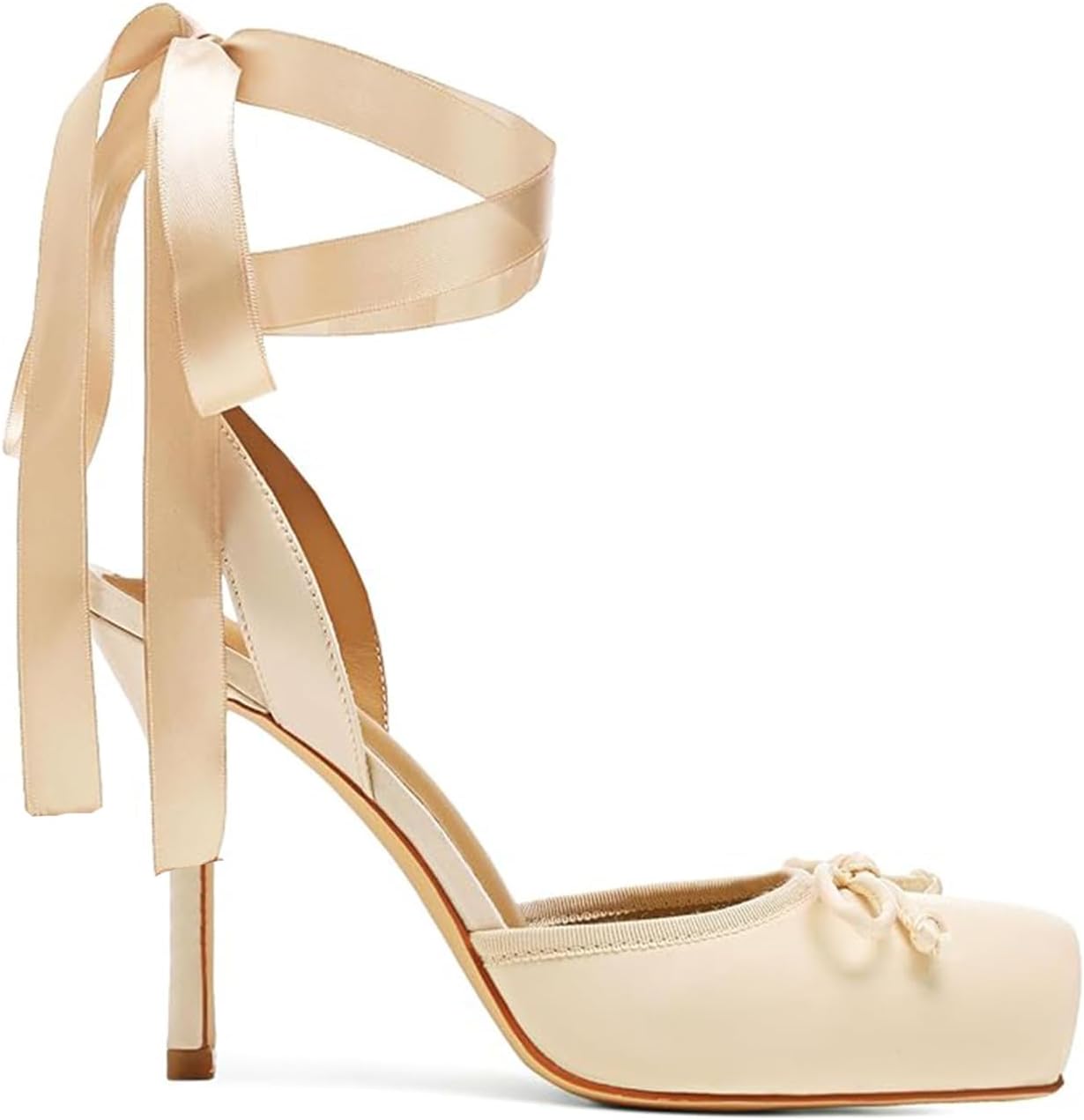 Satin Ballet Heels Lace Up Closed Square Toe Stiletto High Bow Ballerina Slingback Pumps Strappy Mary Jane Elegant Shoes