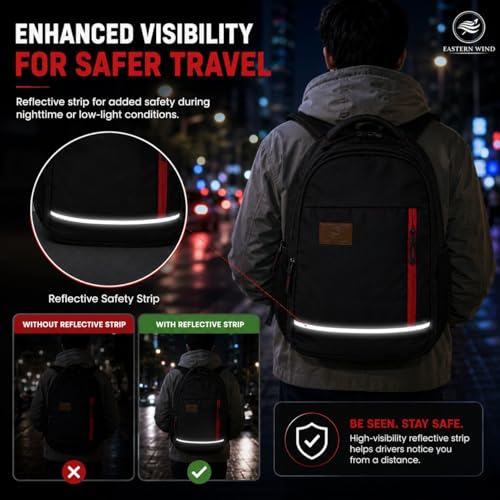 Image of EASTERN WIND 37L 19 inch School Bag Backpack, 3 Compartments, Raincover, Organiser, Laptop Sleeve, Safety Strip. School Bag for Boys & Girls 12+ Years, College Bag, Office Bag, Travel Bag