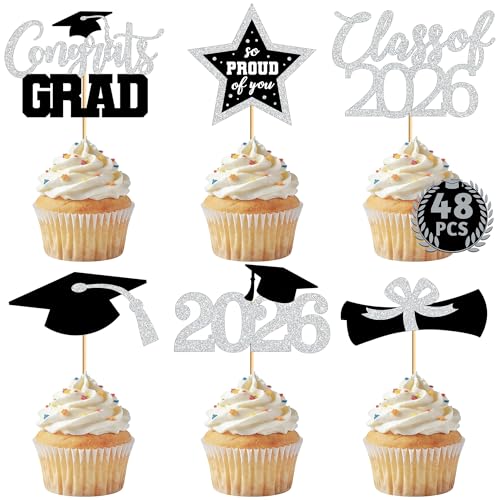48 PCS Grad Cupcake Toppers, Congrats Graduation Cake Topper, Class of 2026 Black and Silver Graduation Decor, Glittery Cap and Diploma Cake Picks for Grad Party Decorations Supplies