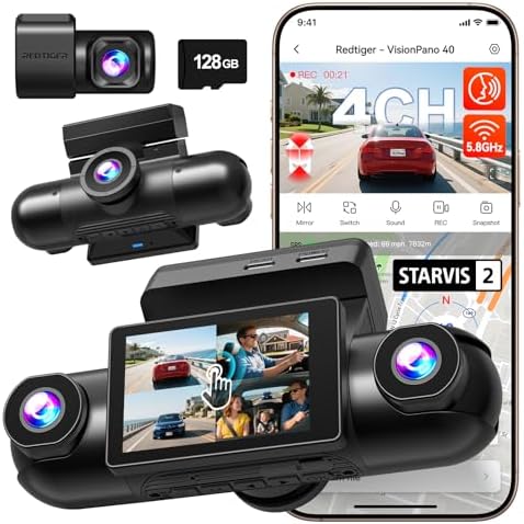 REDTIGER 4 Channel 360° View Dash Cam, Dual STARVIS 2, 2.5K*2+1080P*2 Dashcam Front and Rear Inside Left Right, 5.8GHz WiFi, 8 IR Lights Night Vision, 4 Adjustable Lenses, Included 128GB Card (VP40)